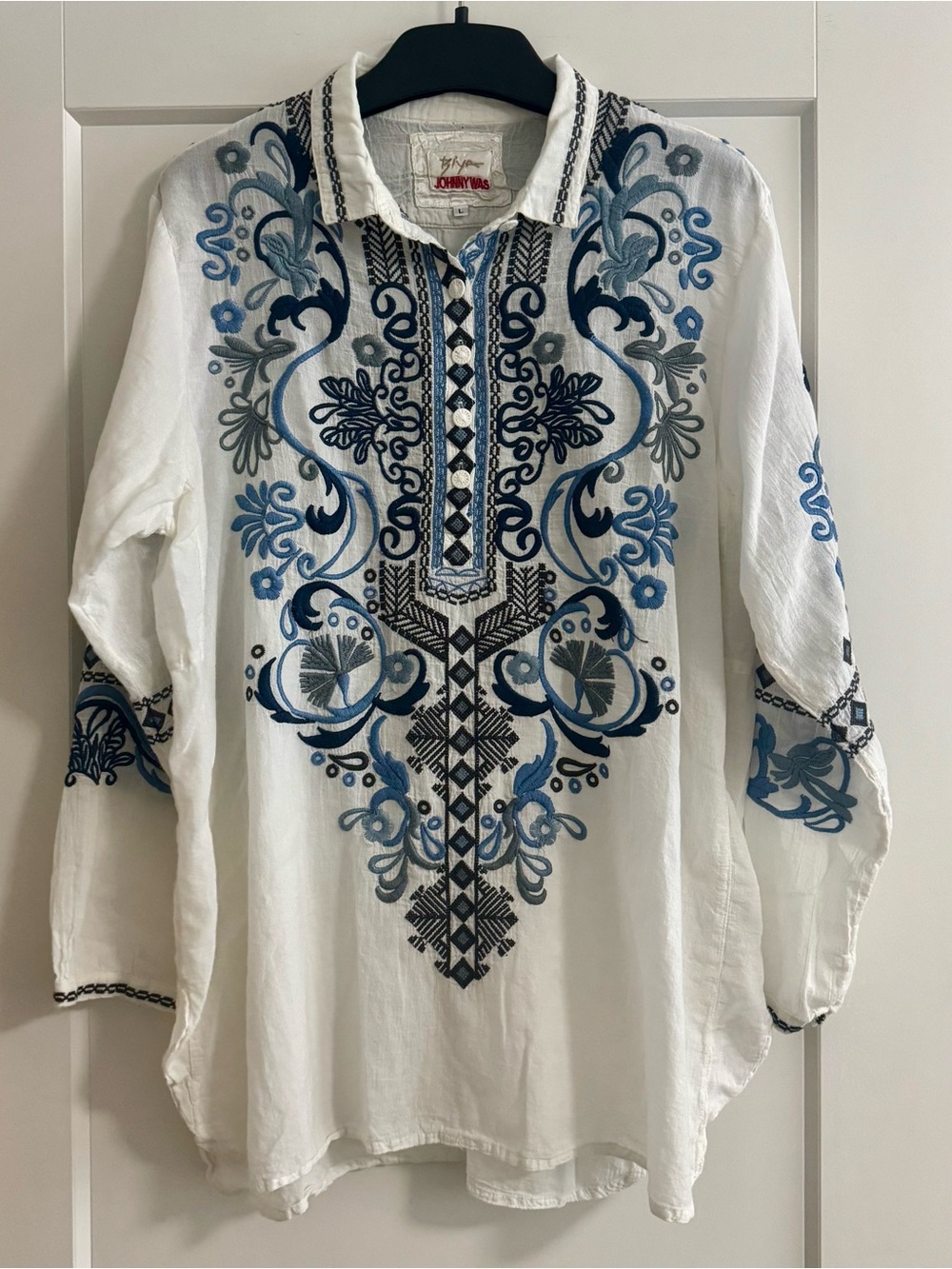 Biya Johnny Was White Blue Embroidered Tunic Blouse Size L Boho Linen Gauze Top